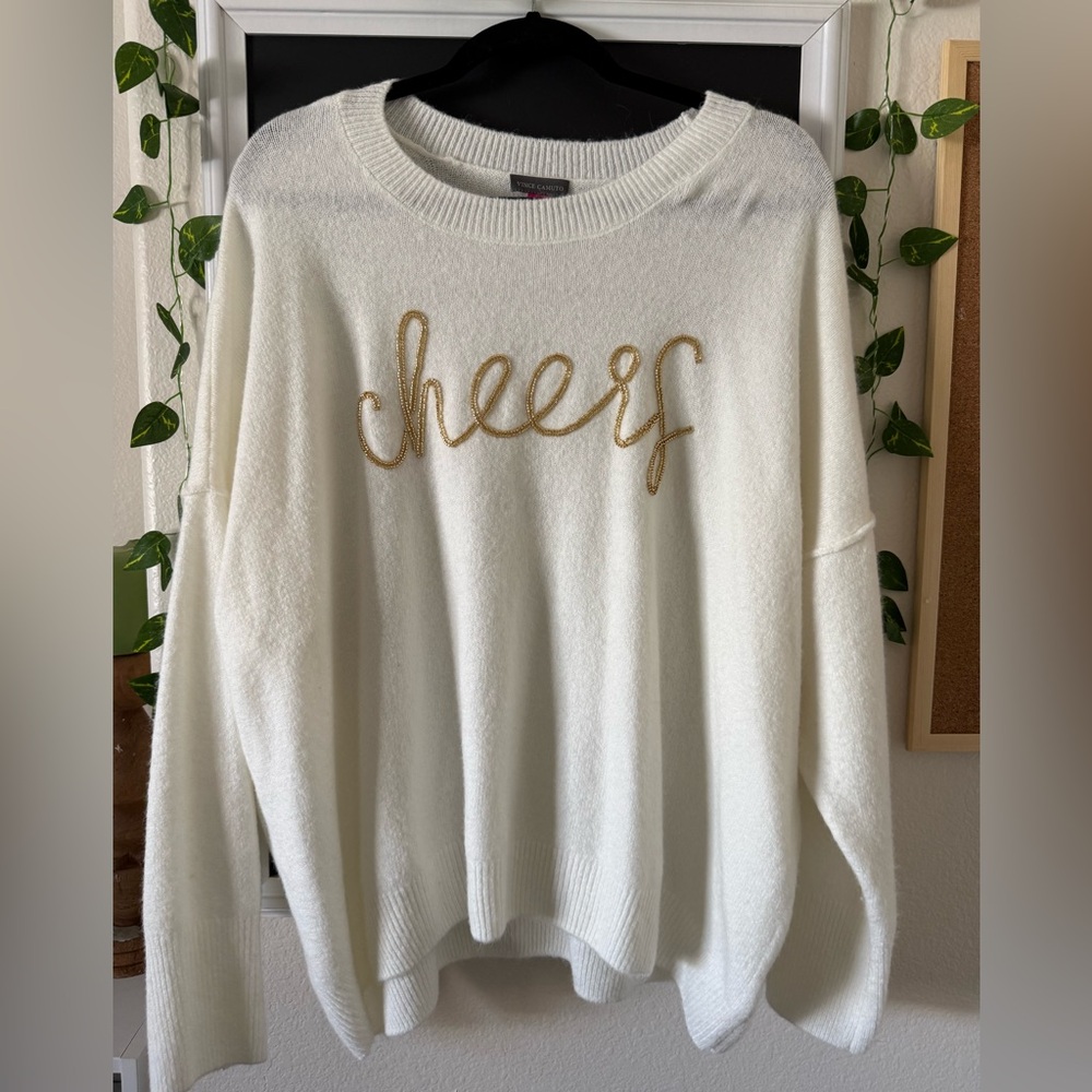 Vince Camuto White Sweater with Gold Script
